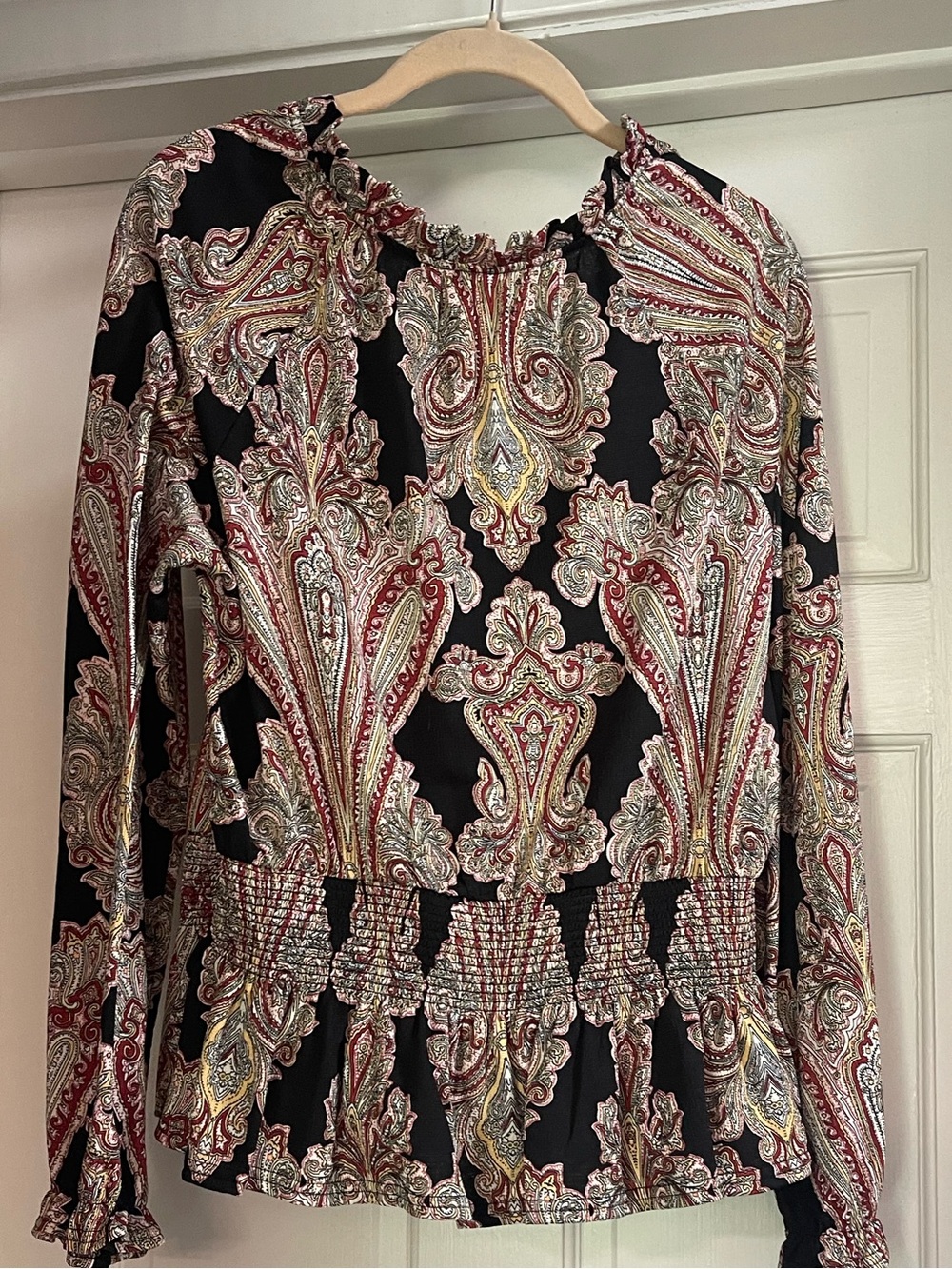 MELLODAY Black Paisley-Print Smocked Waist Long-Sleeve Blouse